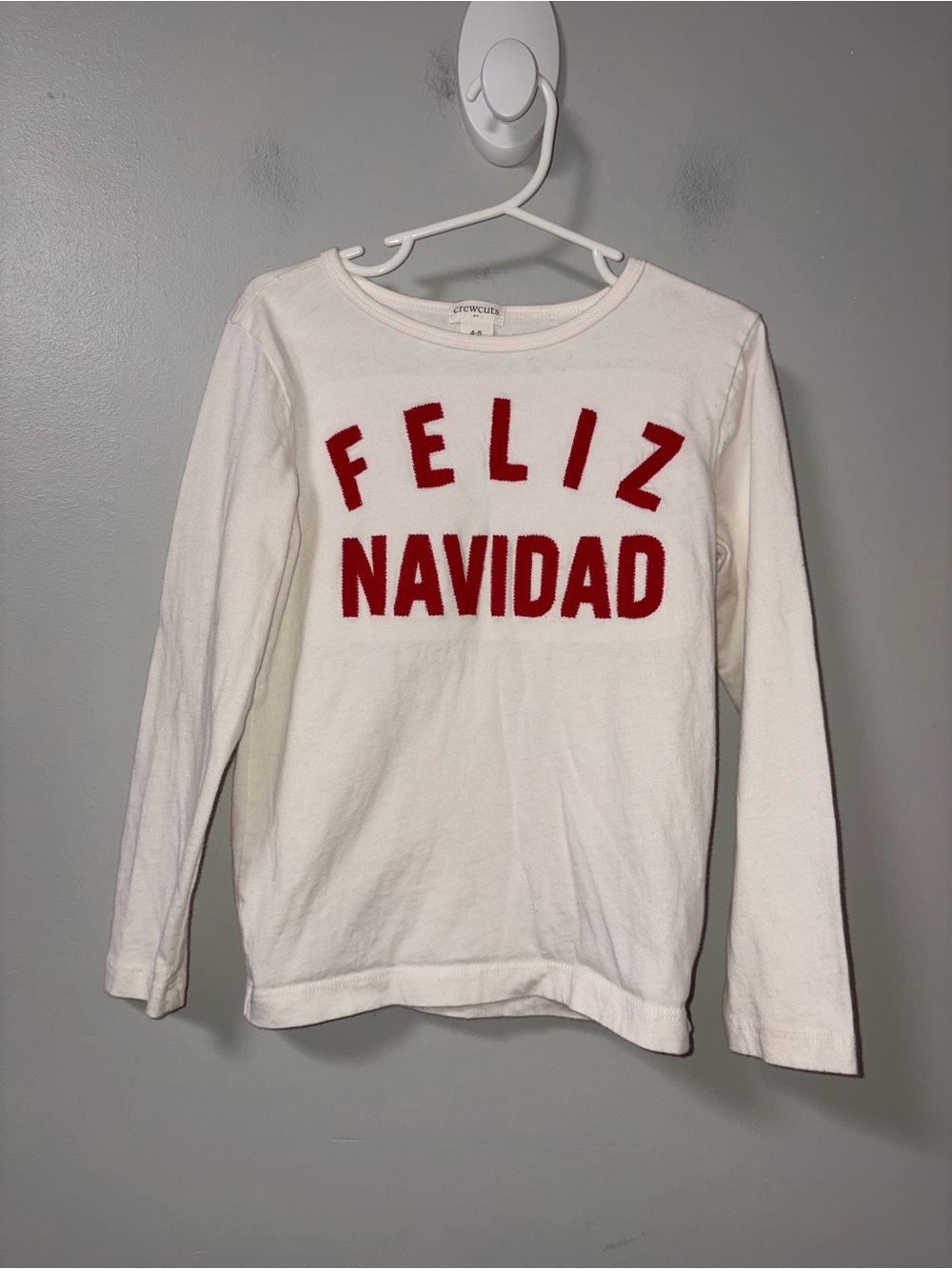 Crewcuts Feliz Navidad Off White Cream Long Sleeve Shirt Unisex Kids 4/5